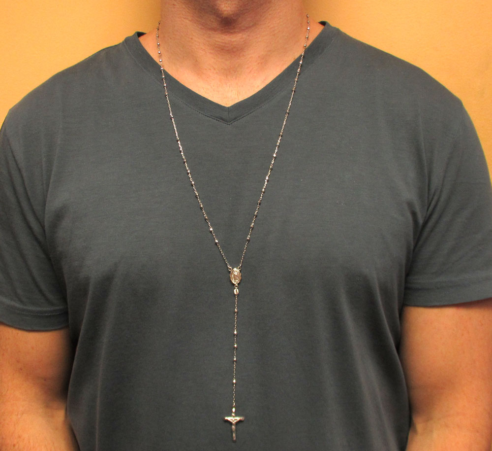 10k white gold diamond cut disco bead super skinny rosary chain 28 inch 2.6mm - Image 6