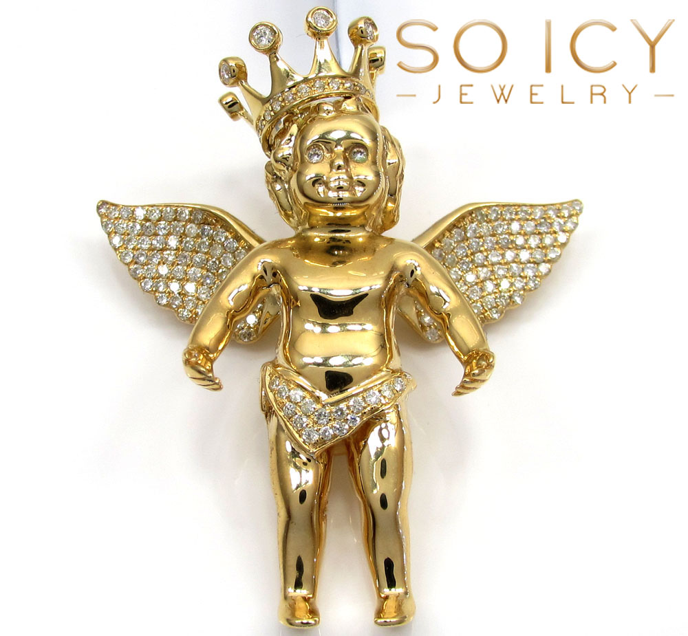 14k yellow gold vs diamond baby cherub crown angel pendant 1.05ct