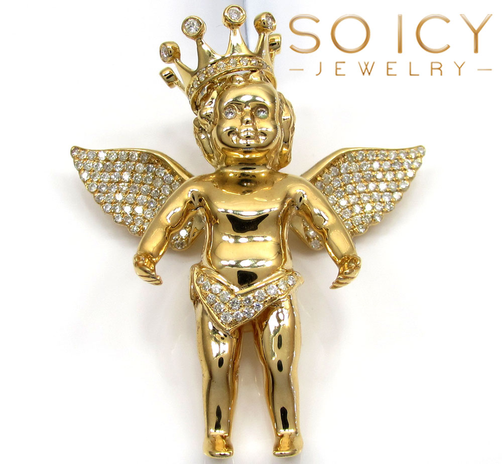 14k yellow gold vs diamond baby cherub crown angel pendant 1.05ct - Image 2