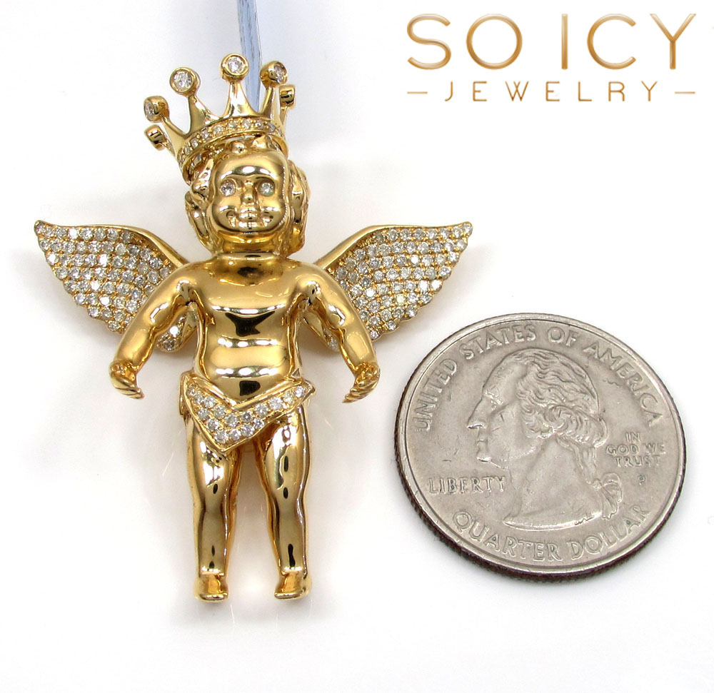 14k yellow gold vs diamond baby cherub crown angel pendant 1.05ct