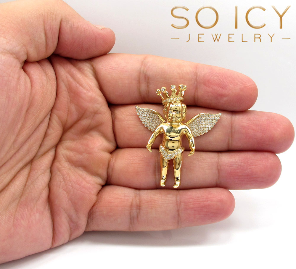 14k yellow gold vs diamond baby cherub crown angel pendant 1.05ct