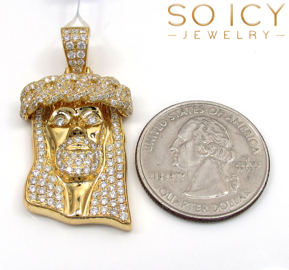 14k yellow gold vs diamond miami link crowned jesus piece pendant 2.05ct