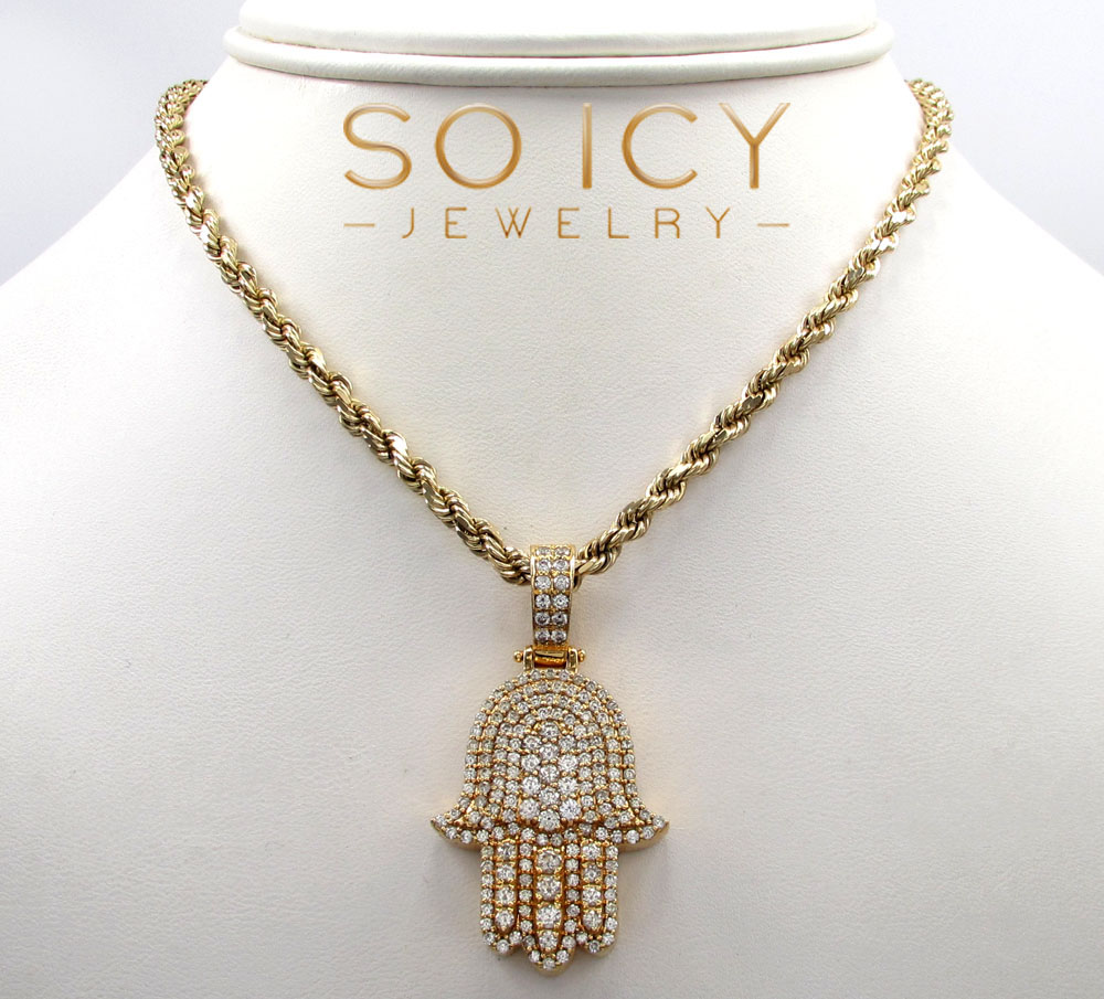 14k yellow gold vs diamond fancy hamsa pendant 2.50ct