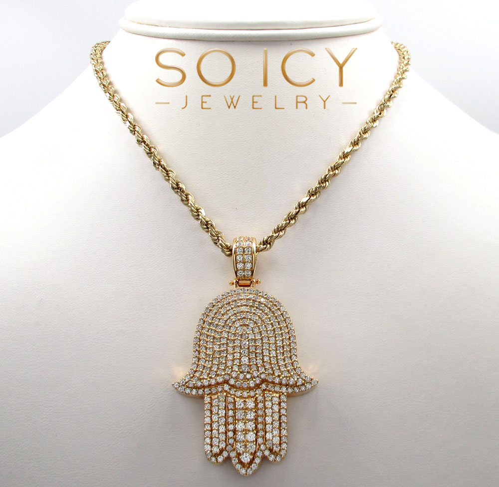 14k yellow gold vs diamond xl fancy hamsa pendant 5.80ct