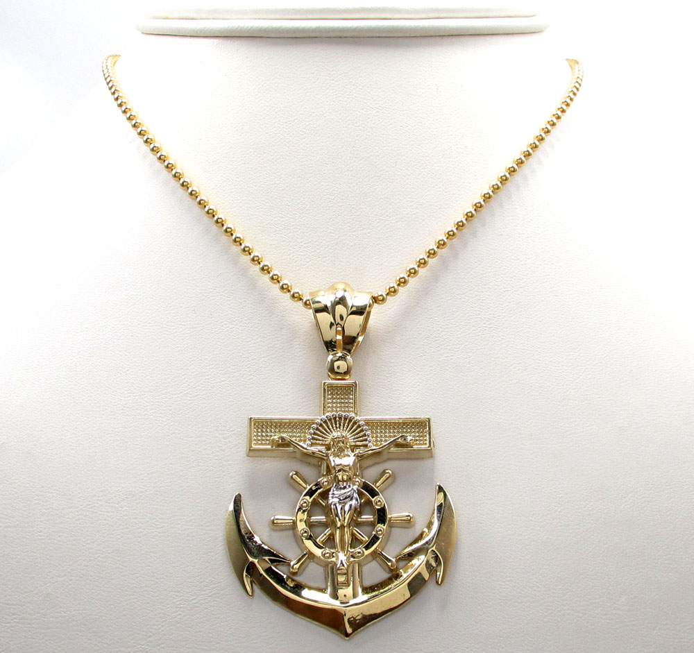 10k yellow gold solid anchor jesus pendant