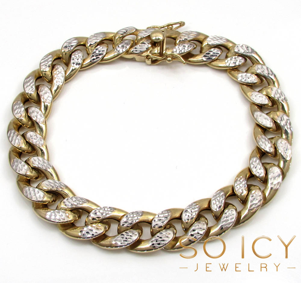 10k yellow gold one sided diamond cut cuban bracelet 8.75 inch 12.50mm