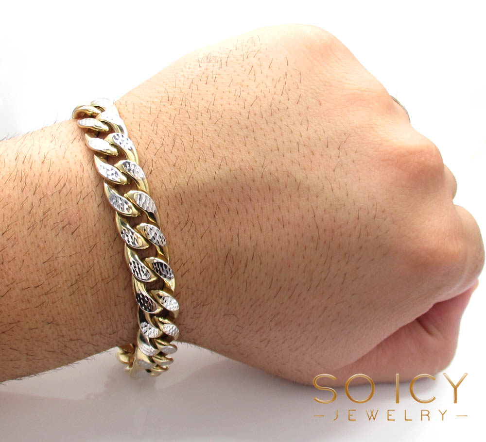 10k yellow gold one sided diamond cut cuban bracelet 8.75 inch 12.50mm