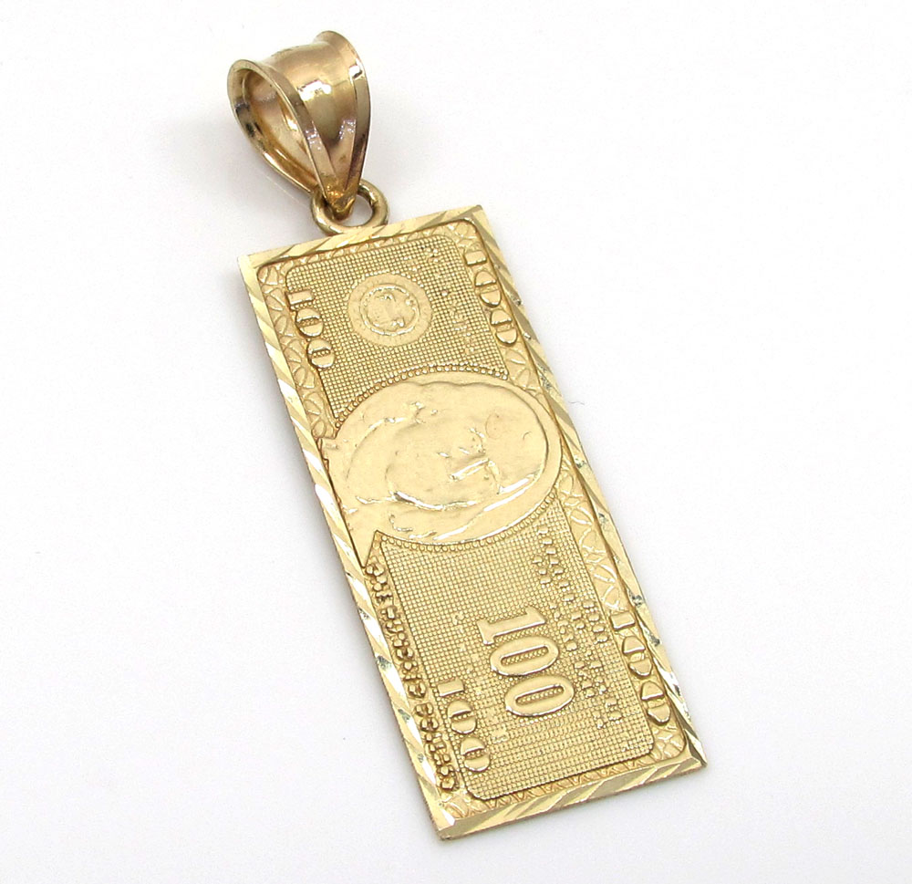 10k yellow gold diamond cut one hundred dollar bill pendant 