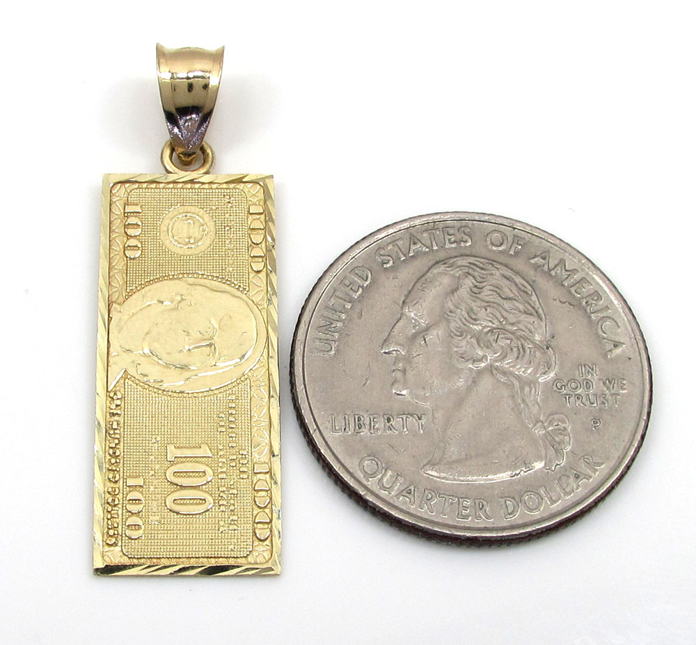 10k yellow gold diamond cut one hundred dollar bill pendant 