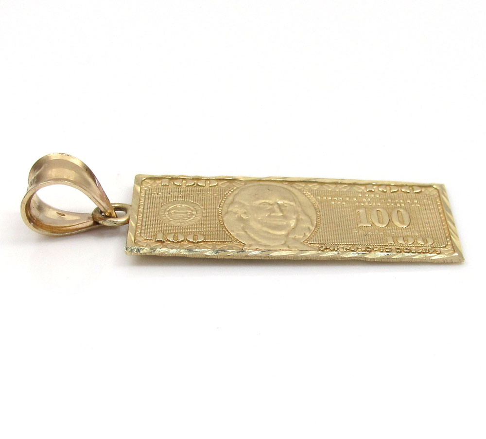 10k yellow gold diamond cut one hundred dollar bill pendant 