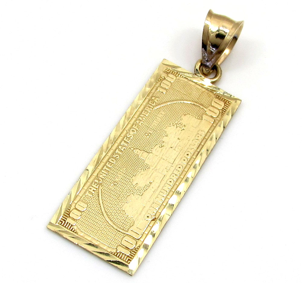 10k yellow gold diamond cut one hundred dollar bill pendant 