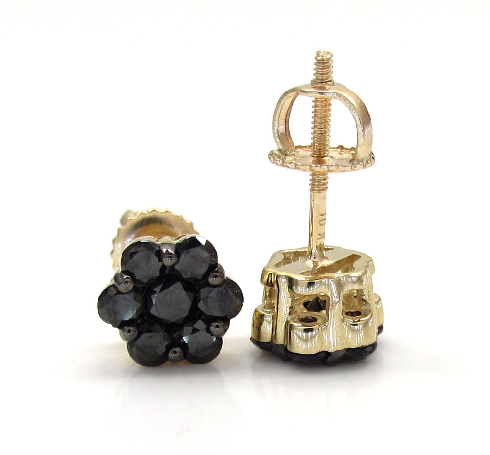 14k yellow gold black diamond 6mm cluster medium earrings 0.75ct 