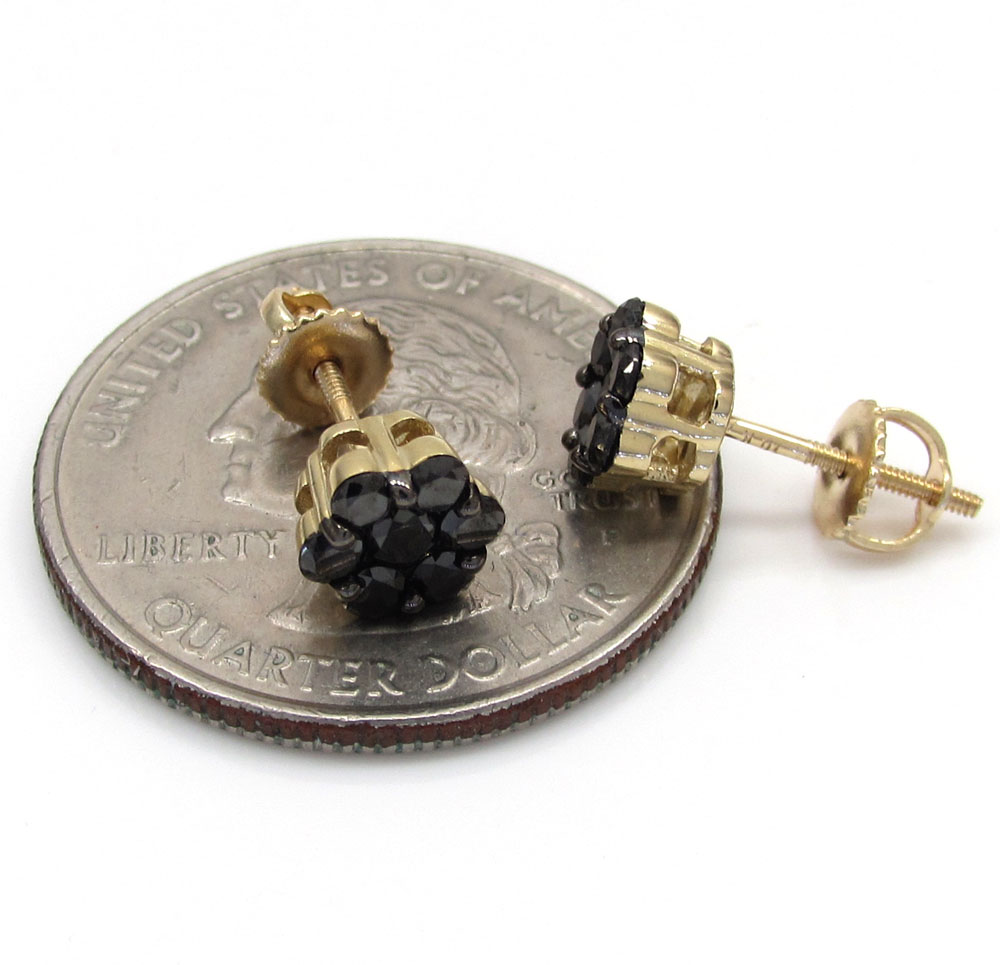 14k yellow gold black diamond 6mm cluster medium earrings 0.75ct 