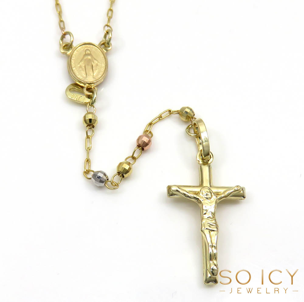 10k yellow gold tri tone disco ball skinny bead rosary chain 26 inch 2.4mm  - Image 2