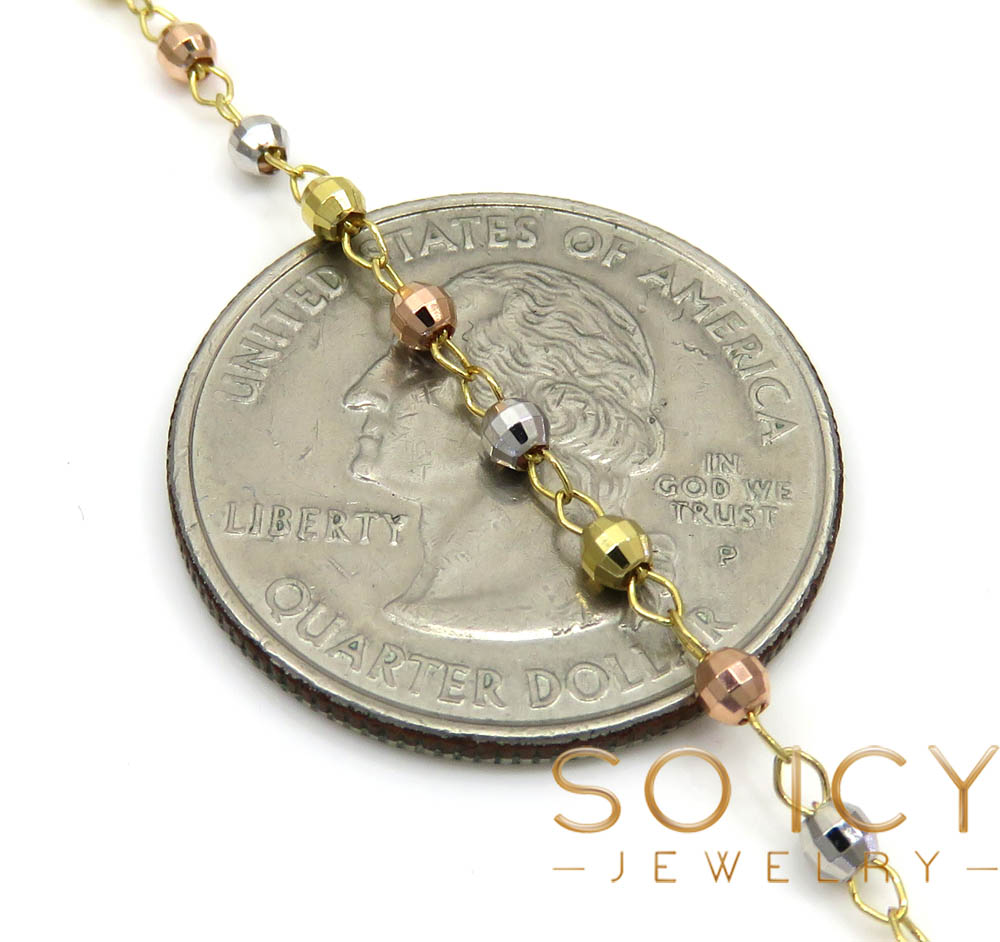 10k yellow gold tri tone disco ball skinny bead rosary chain 26 inch 2.4mm 