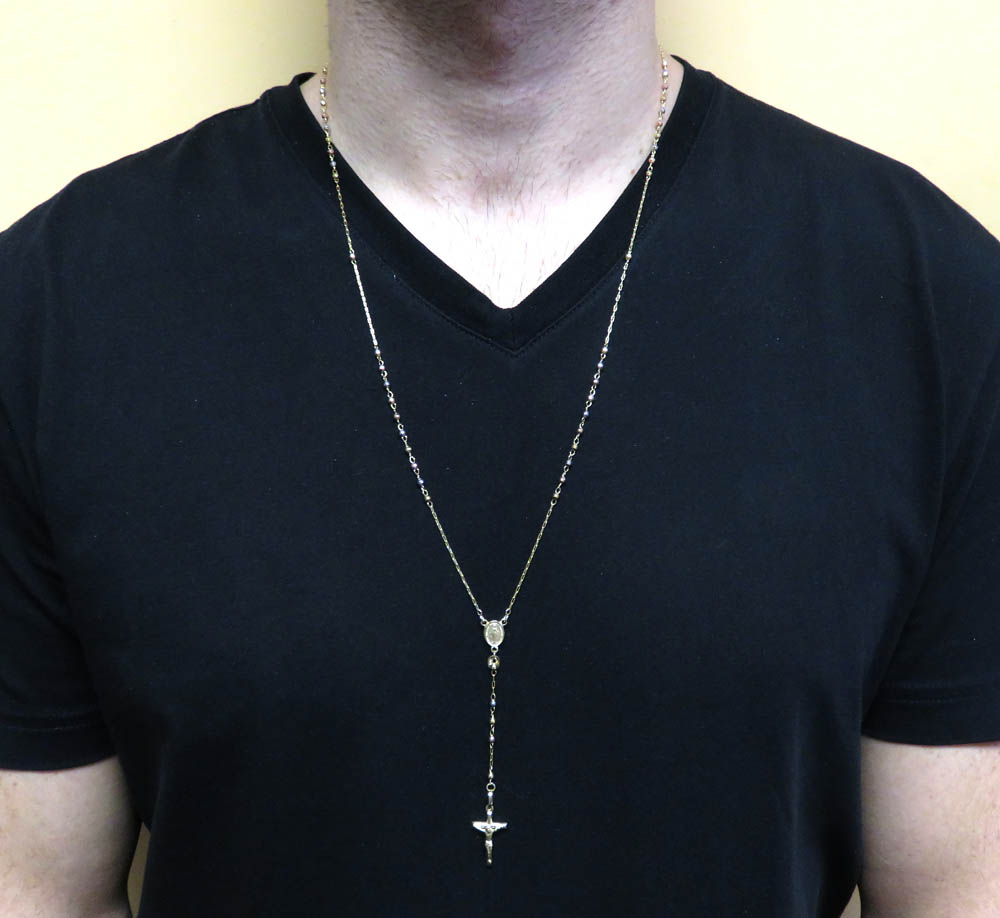 10k yellow gold tri tone disco ball skinny bead rosary chain 26 inch 2.4mm 