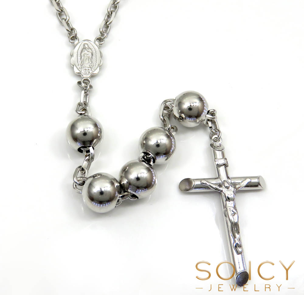 10k white gold rosary large smooth bead chain 36inch 10mm