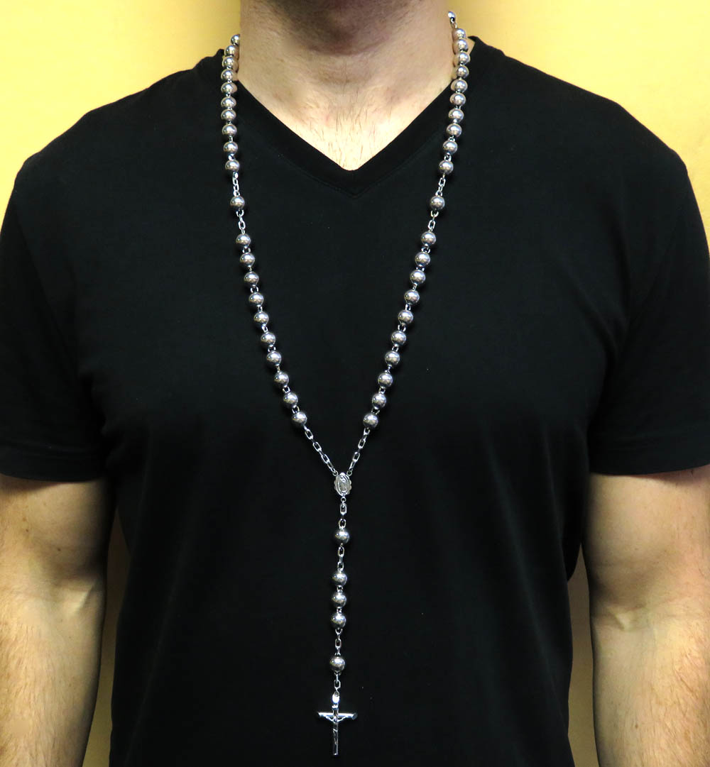 10k white gold rosary large smooth bead chain 36inch 10mm - Image 5