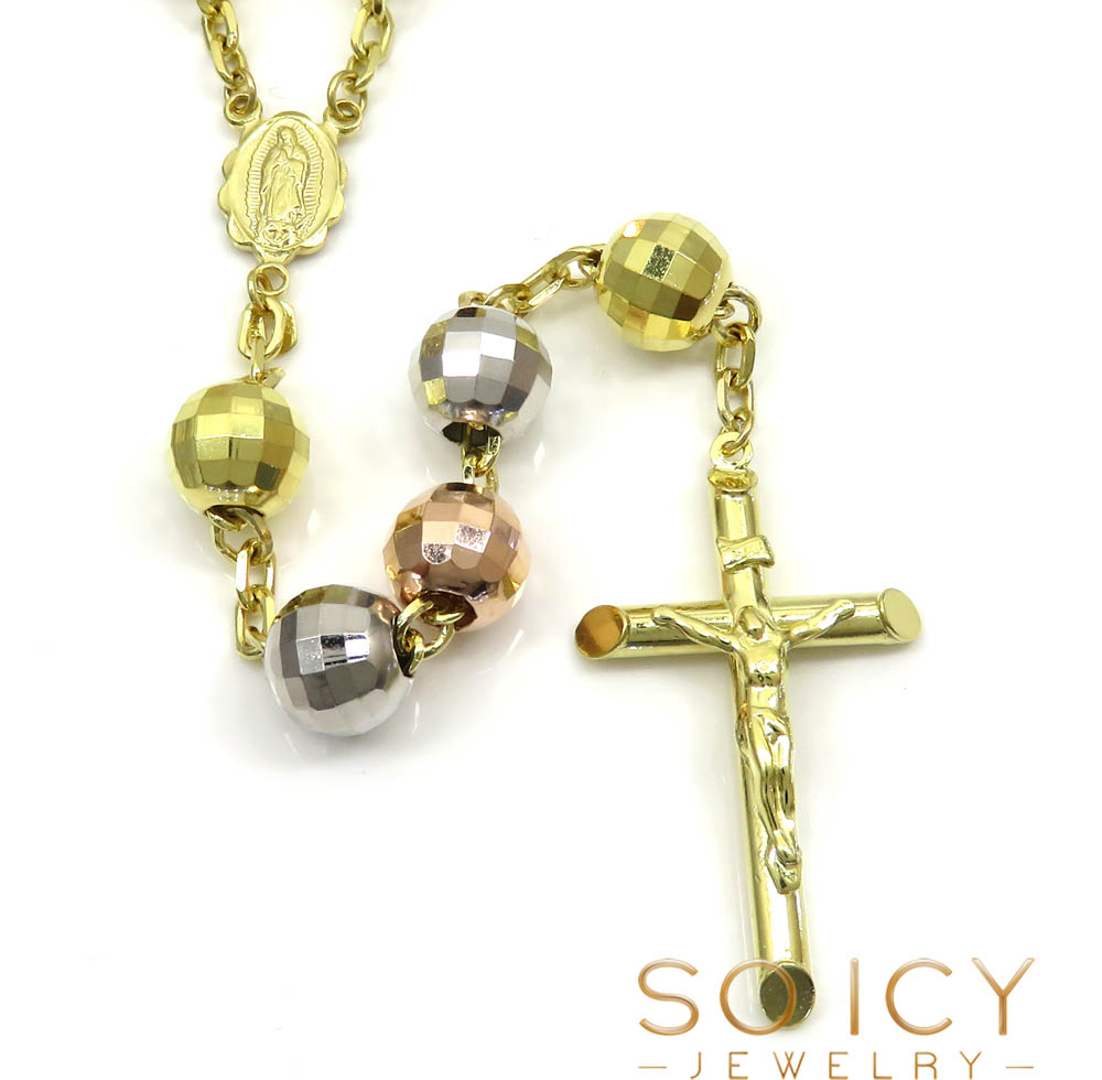 10k yellow gold tri tone large disco ball bead rosary chain 30 inch 9.8mm - Image 2