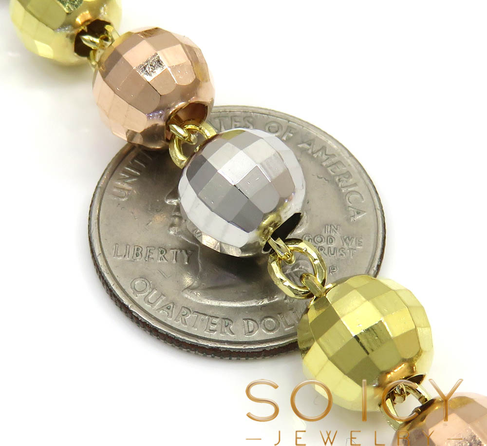 10k yellow gold tri tone large disco ball bead rosary chain 30 inch 9.8mm 