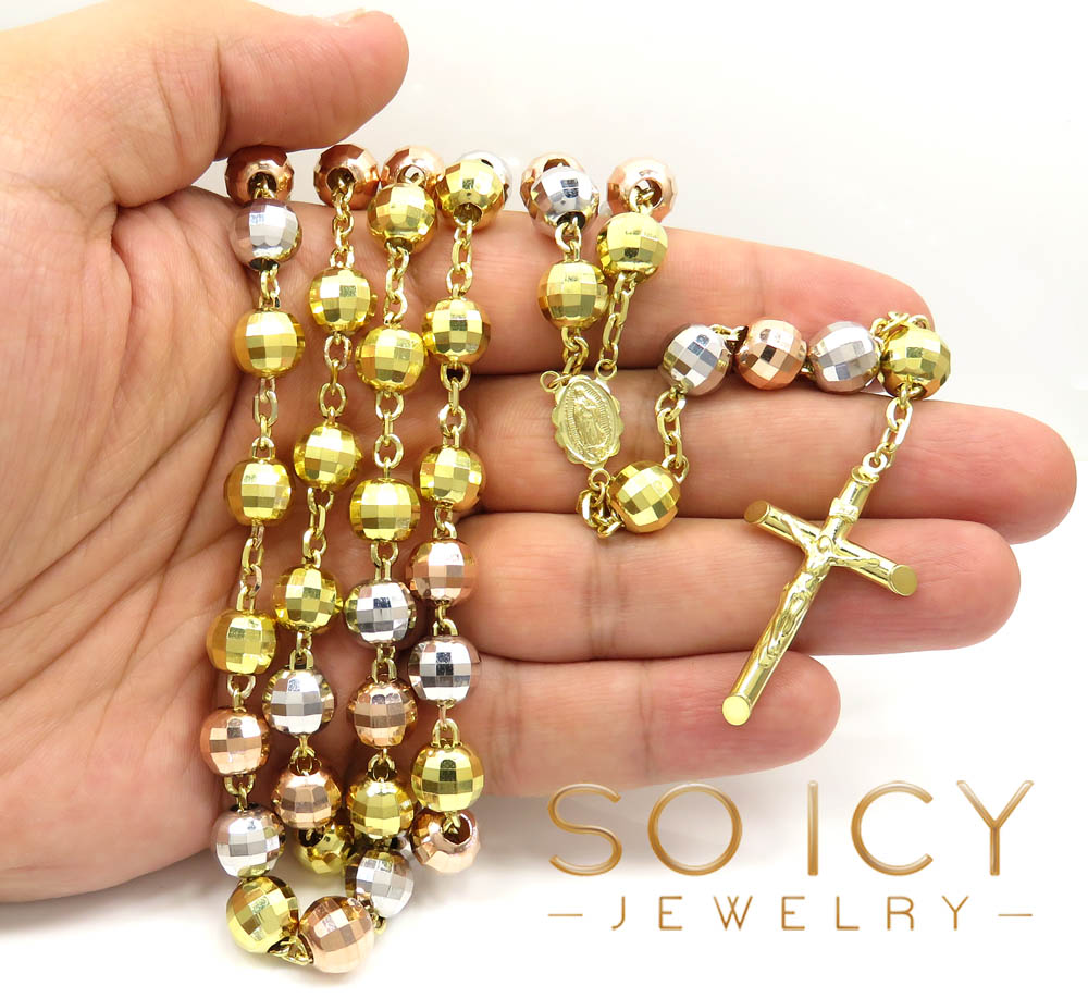 10k yellow gold tri tone large disco ball bead rosary chain 30 inch 9.8mm 