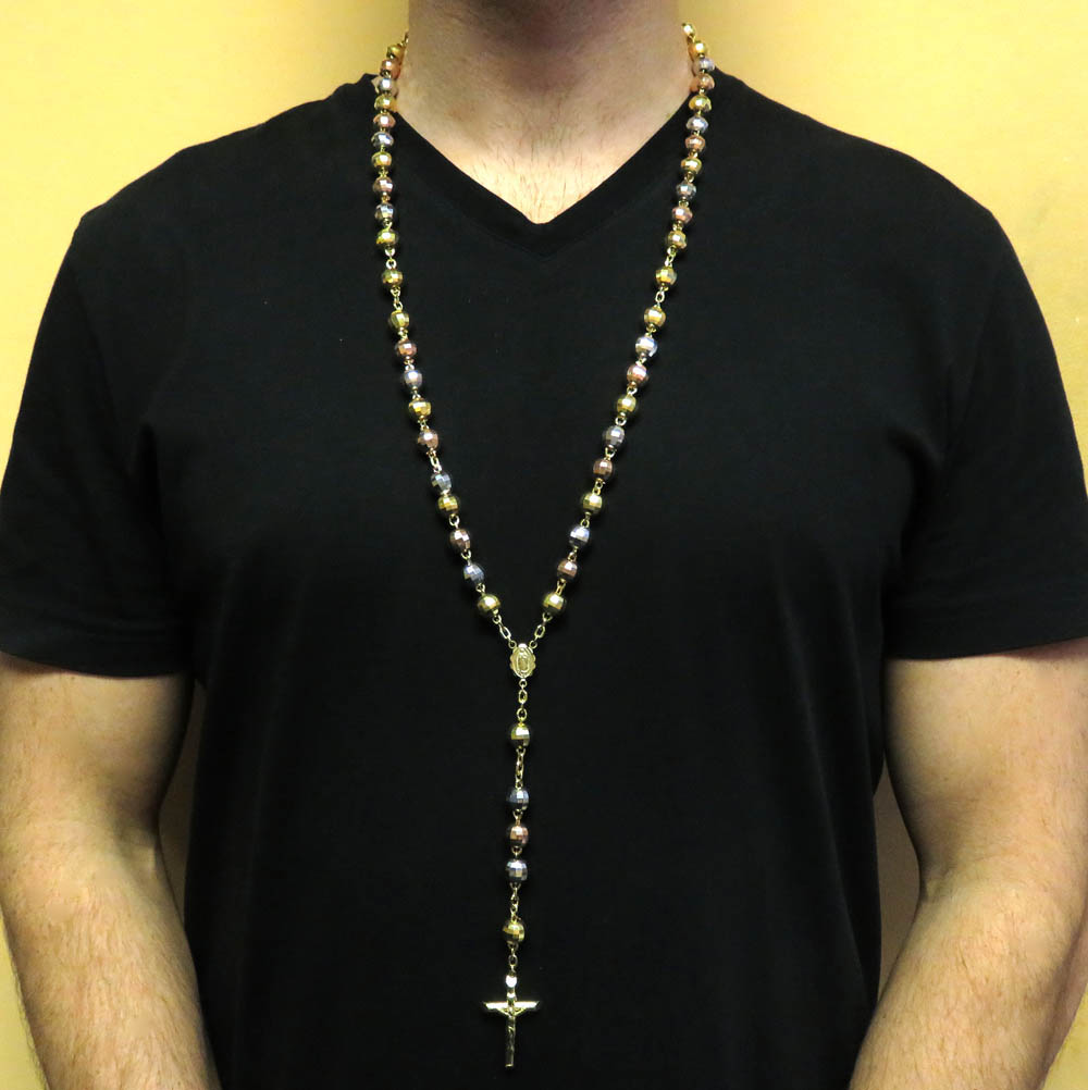10k yellow gold tri tone large disco ball bead rosary chain 30 inch 9.8mm 
