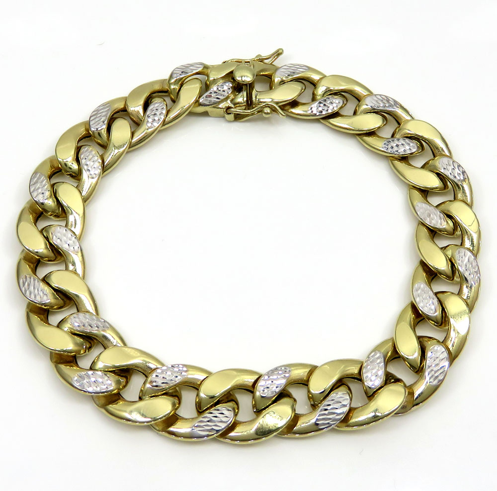10k yellow gold one sided diamond cut two tone cuban bracelet 9 inch 12.50mm