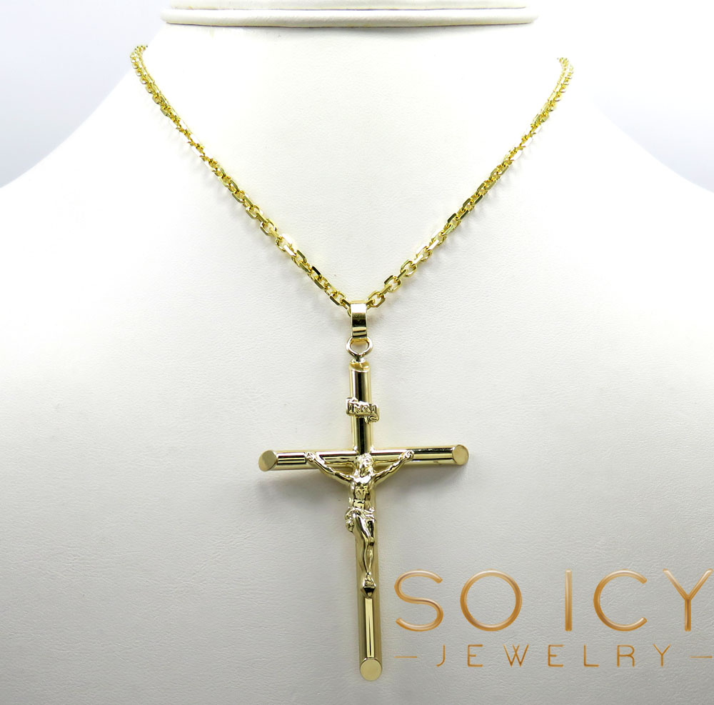 14k yellow gold extra large jesus tube cross pendant 