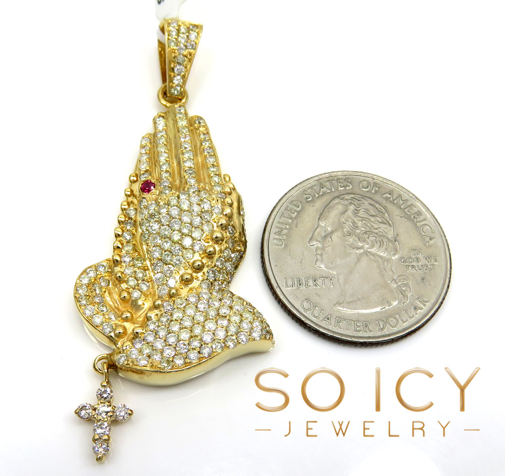 14k yellow gold vs diamond praying hands hanging cross pendant