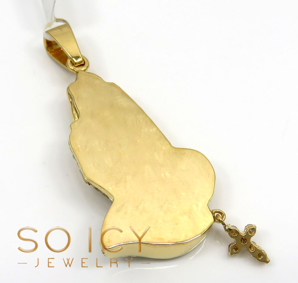 14k yellow gold vs diamond praying hands hanging cross pendant