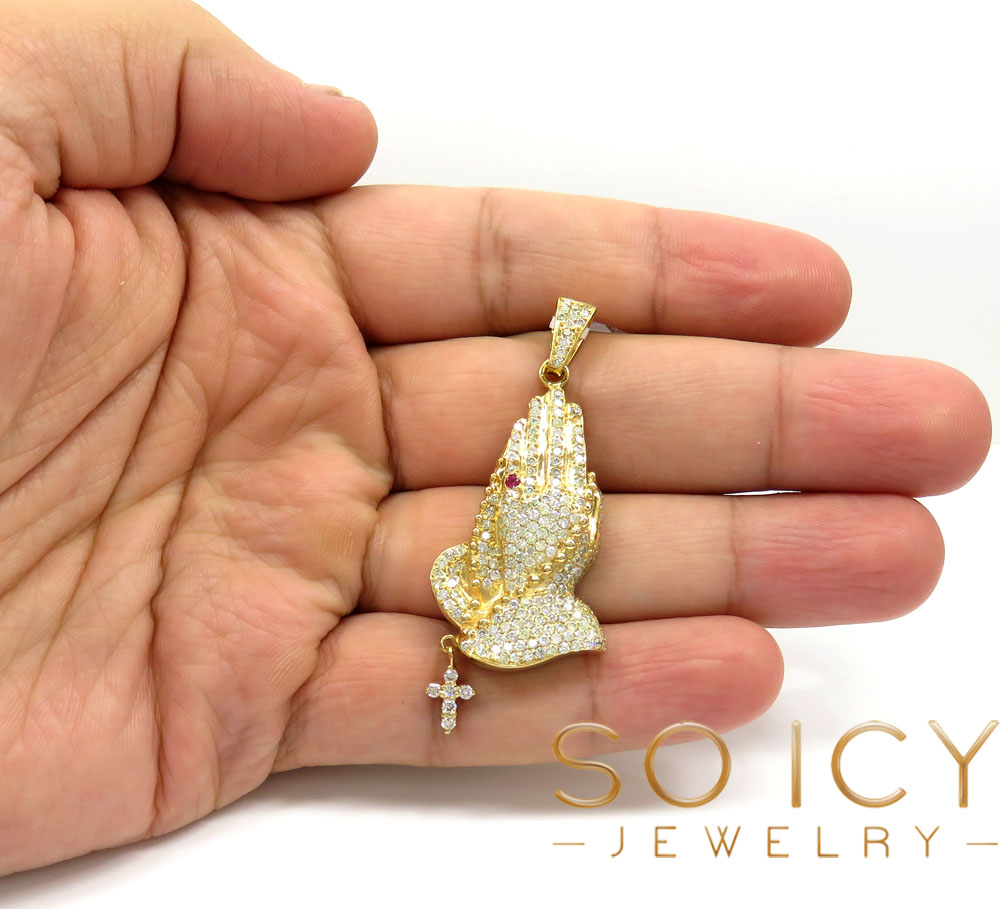 14k yellow gold vs diamond praying hands hanging cross pendant