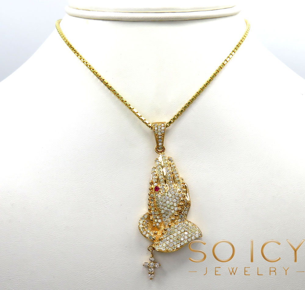 14k yellow gold vs diamond praying hands hanging cross pendant - Image 6