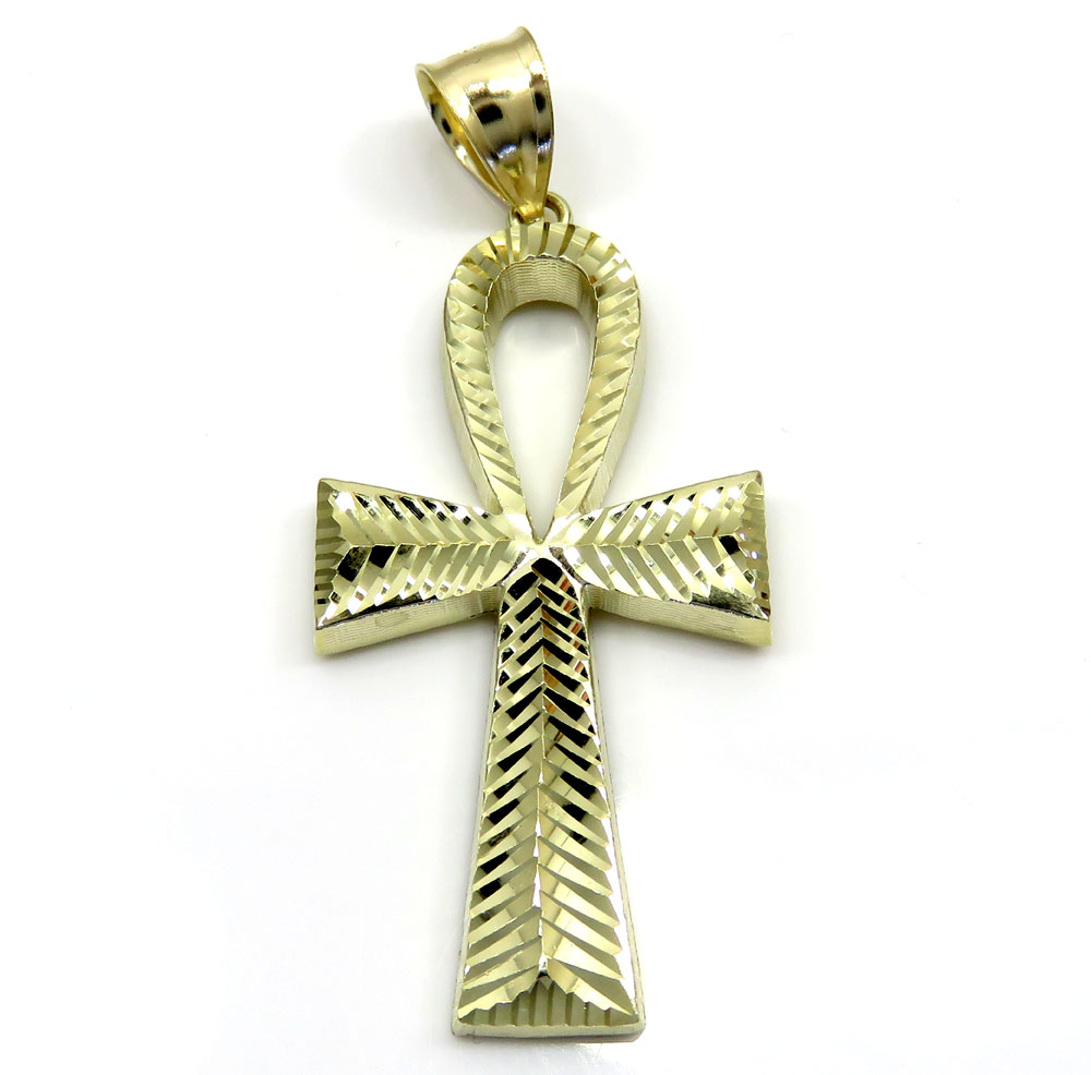 10k yellow gold large diamond cut fancy ankh cross 