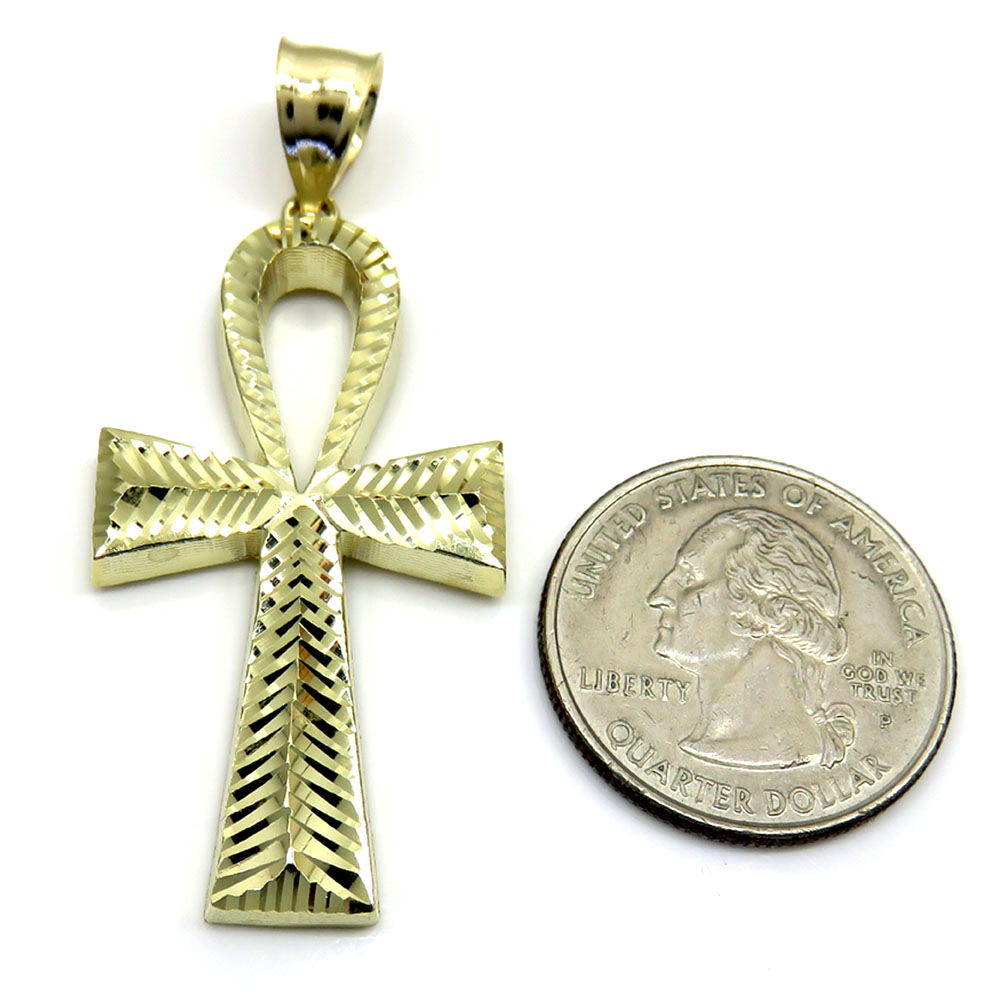 10k yellow gold large diamond cut fancy ankh cross 