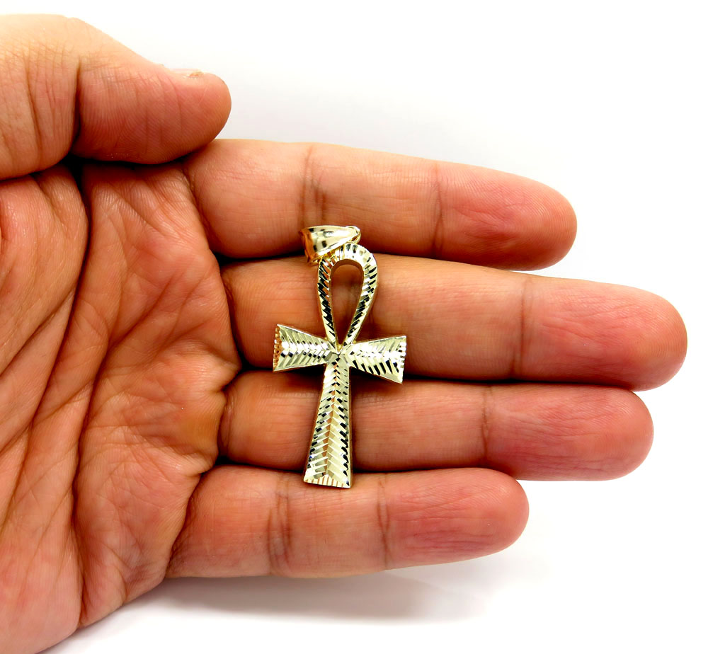 10k yellow gold large diamond cut fancy ankh cross 