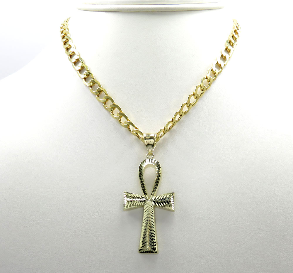 10k yellow gold large diamond cut fancy ankh cross 