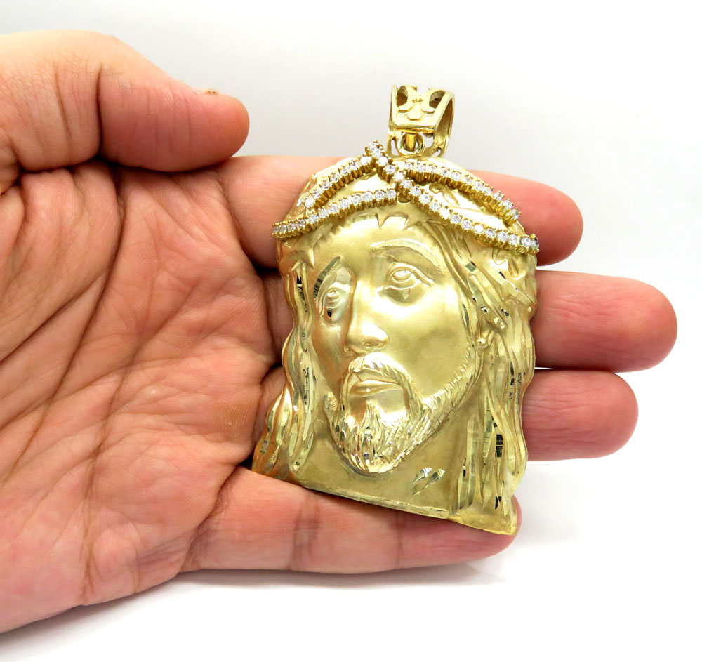 10k yellow gold xl jesus face solid back pendant .50ct