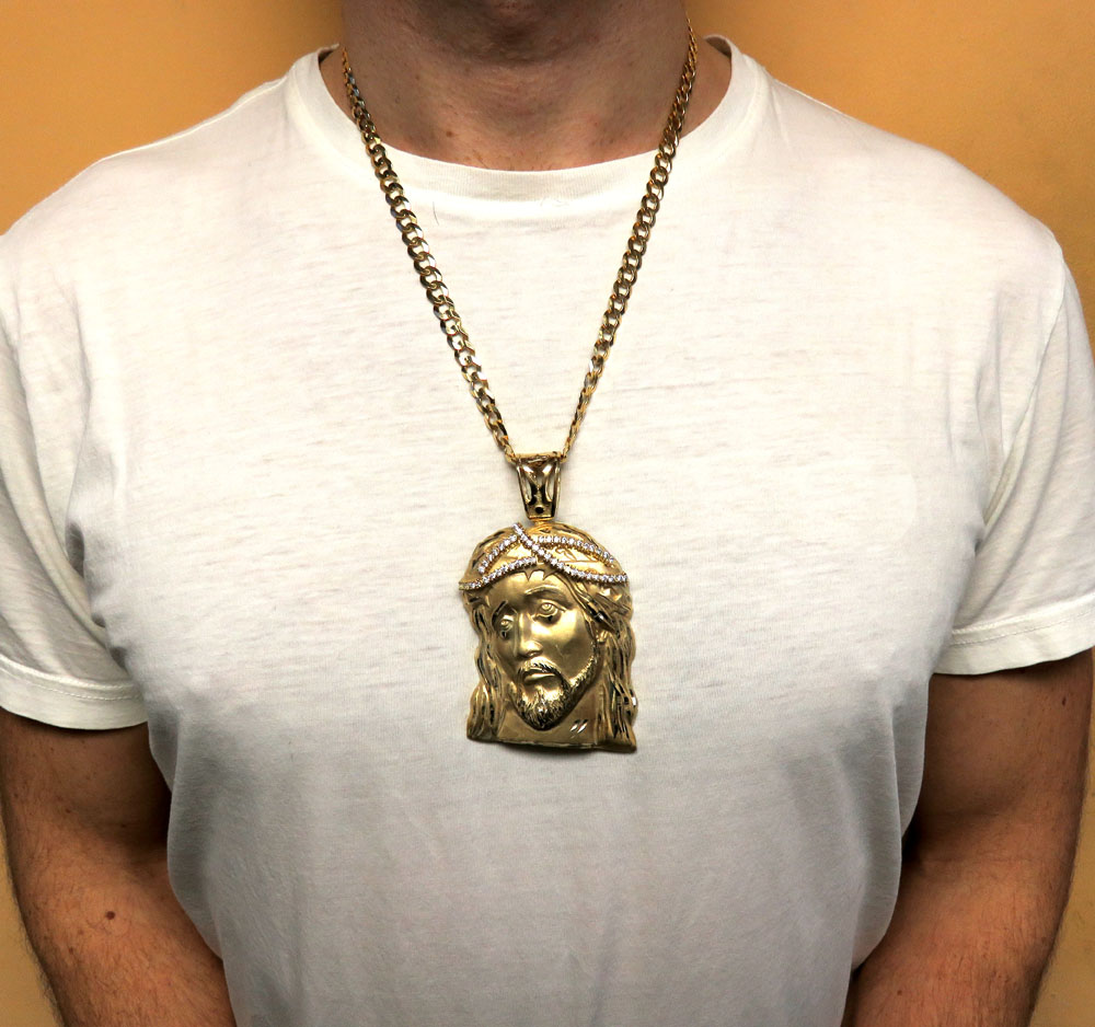 10k yellow gold xl jesus face solid back pendant .50ct - Image 6