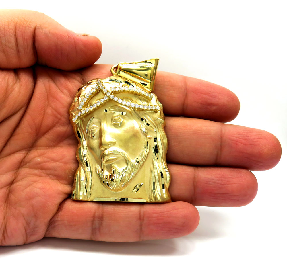 10k yellow gold large jesus face solid back pendant .45ct