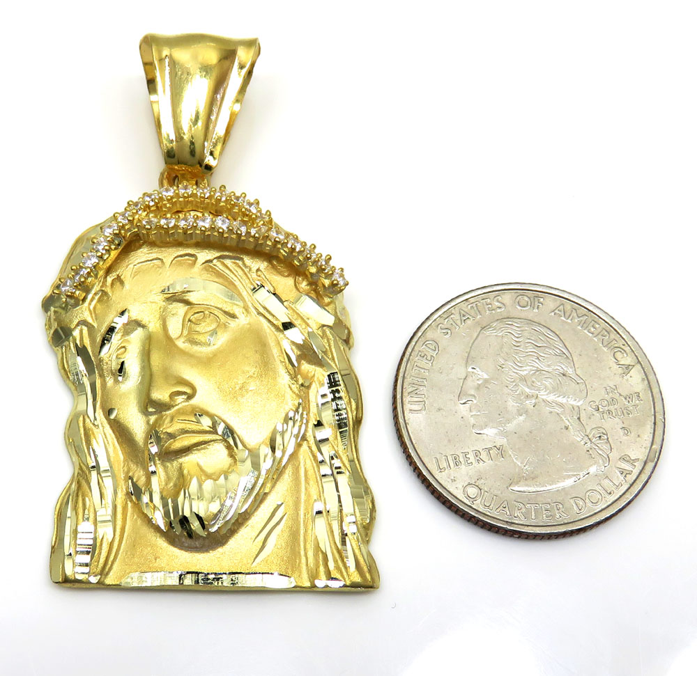 10k yellow gold mid-size jesus face solid back pendant .35ct - Image 2