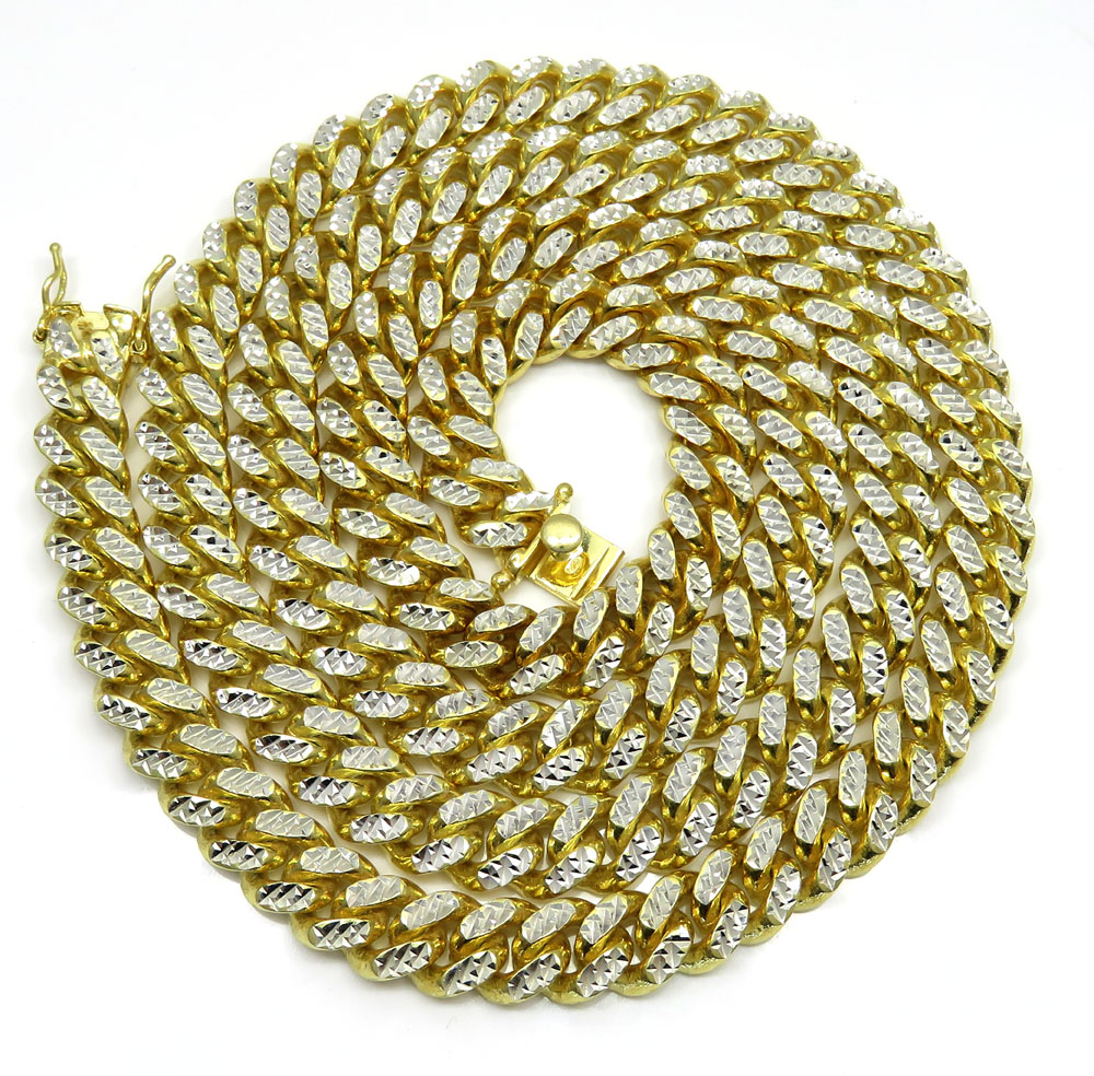 925 yellow sterling silver two sided diamond cut miami chain 32-36 inch 10.5mm