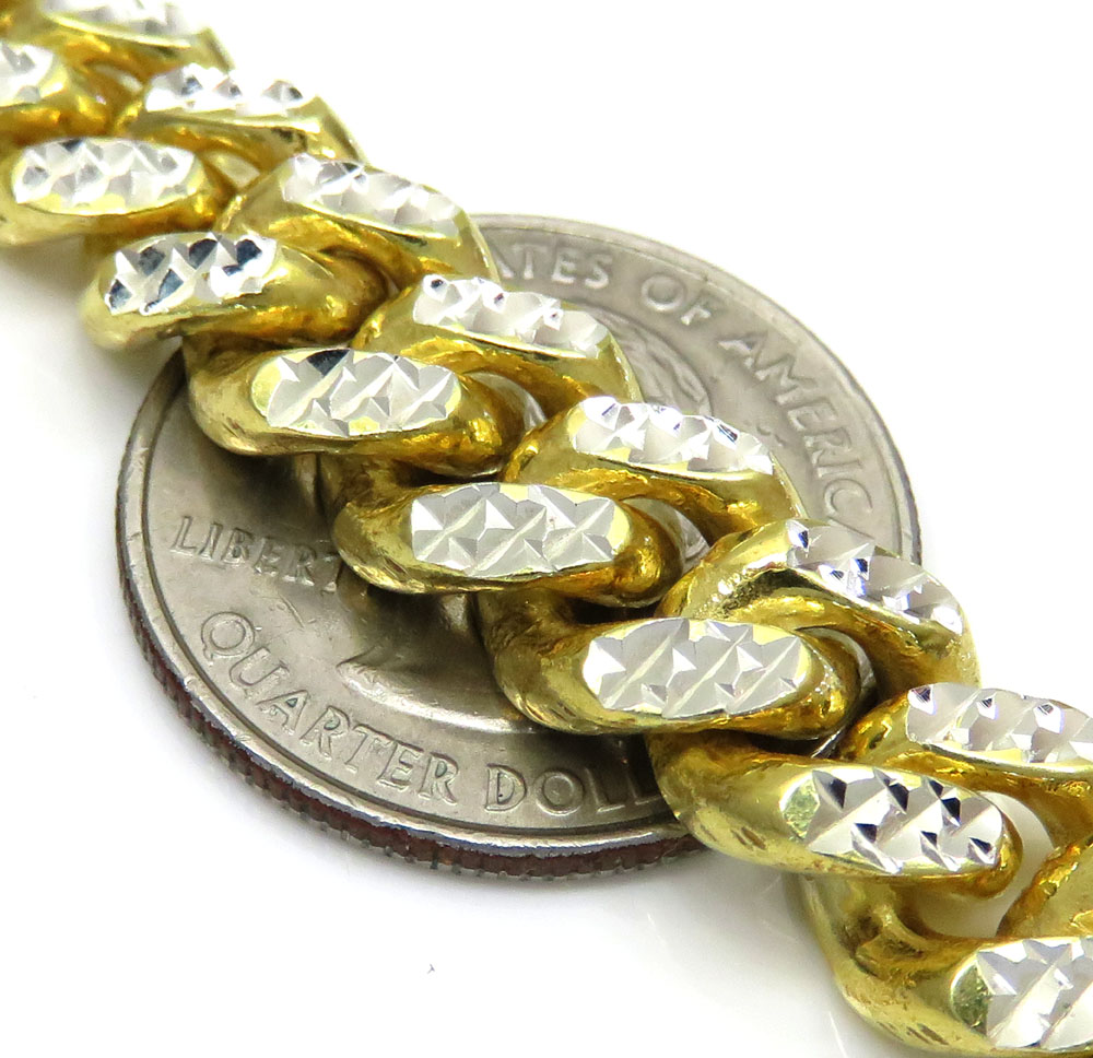 925 yellow sterling silver two sided diamond cut miami chain 32-36 inch 10.5mm