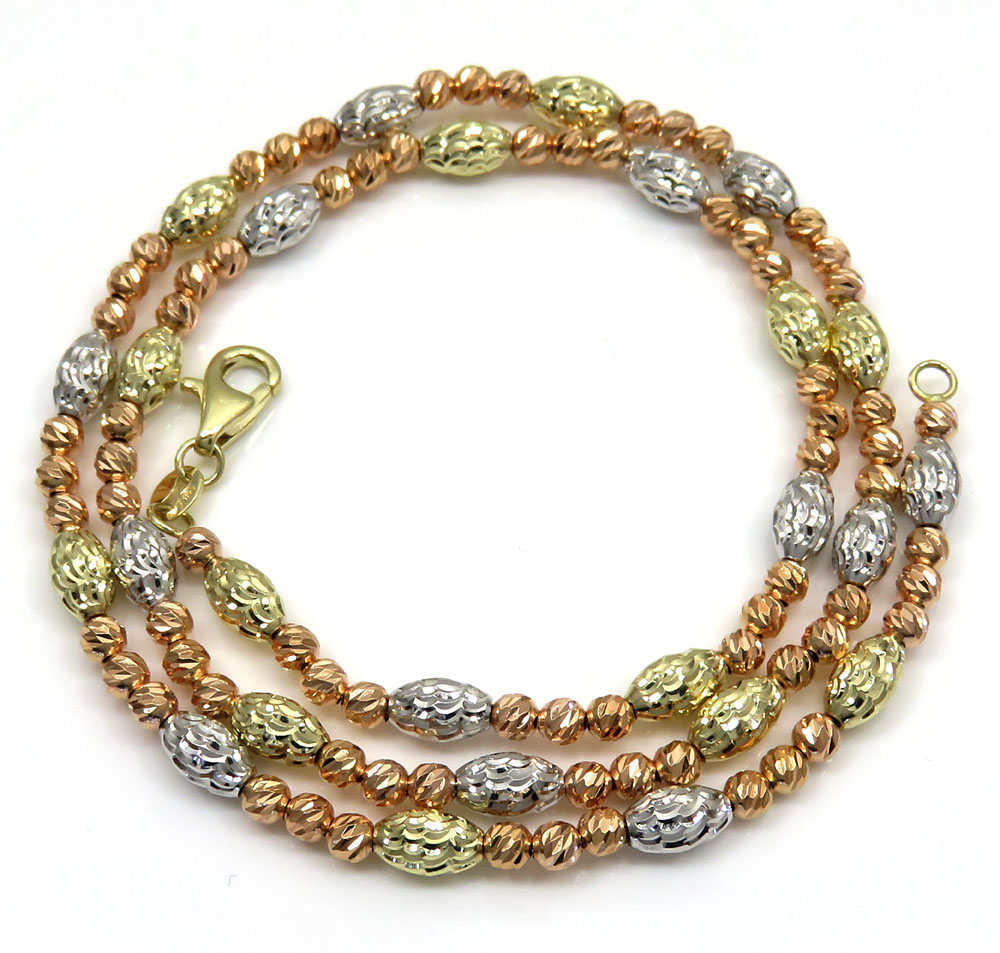 14k tri color diamond cut bead oval chain 16-30 inch 4mm