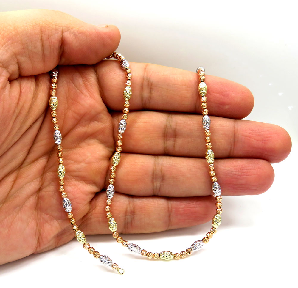 14k tri color diamond cut bead oval chain 16-30 inch 4mm