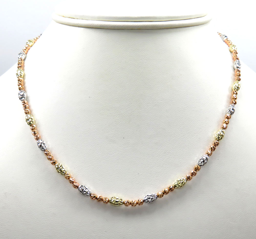 14k tri color diamond cut bead oval chain 16-30 inch 4mm