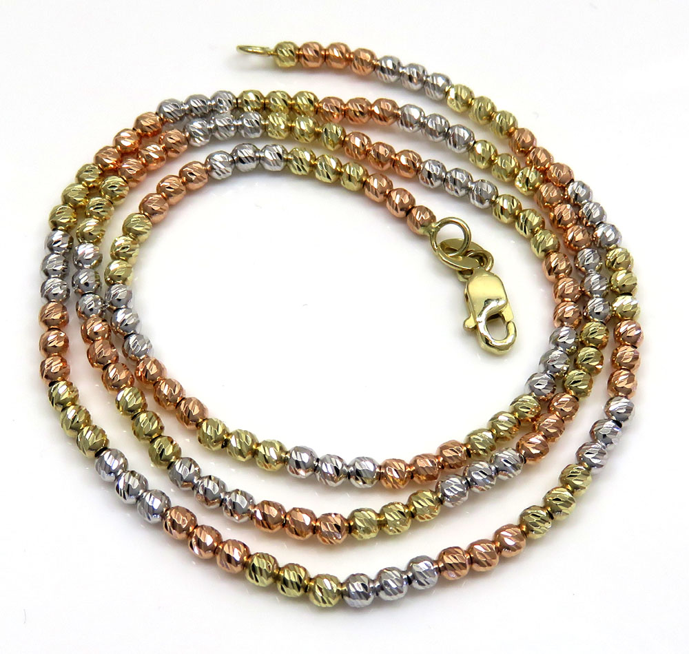 14k tri color gold diamond cut bead oval chain 16-20 inch 2.3mm