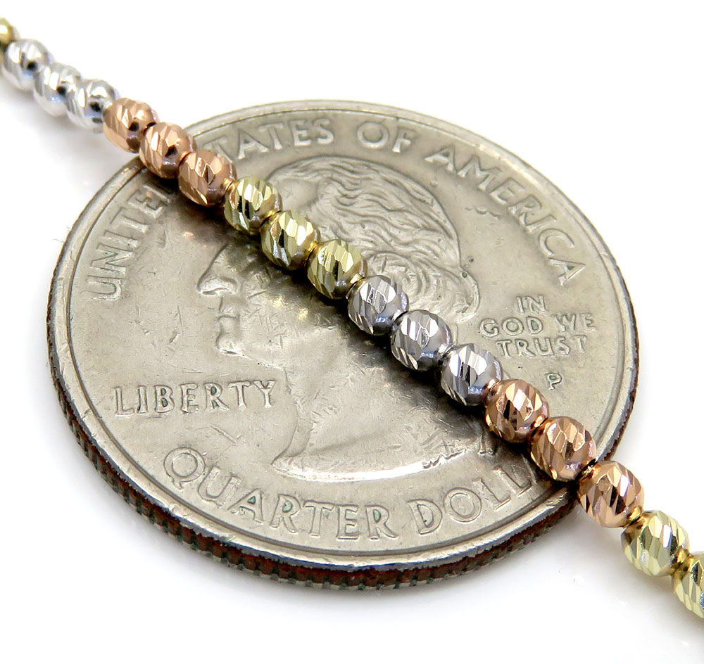 14k tri color gold diamond cut bead oval chain 16-20 inch 2.3mm