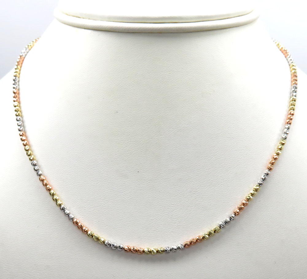 14k tri color gold diamond cut bead oval chain 16-20 inch 2.3mm