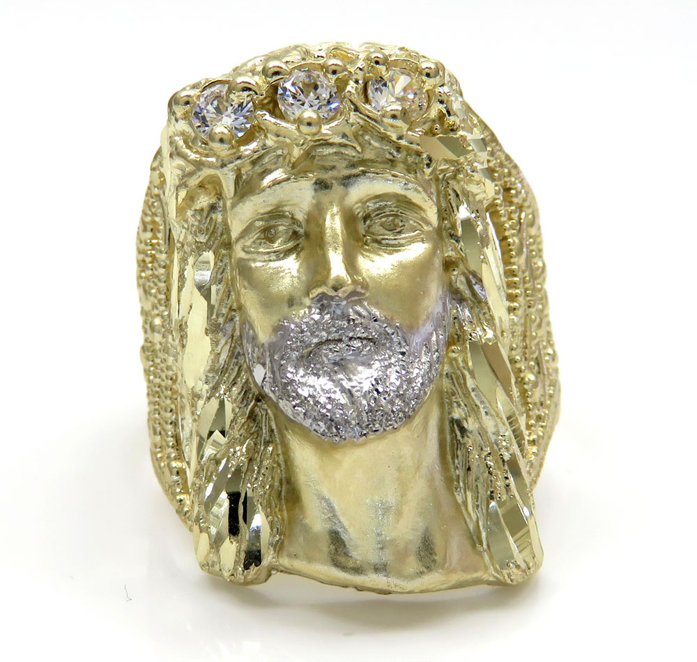 10k yellow gold two tone cz long face jesus ring 0.15ct
