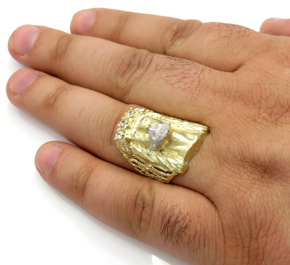 10k yellow gold two tone cz long face jesus ring 0.15ct